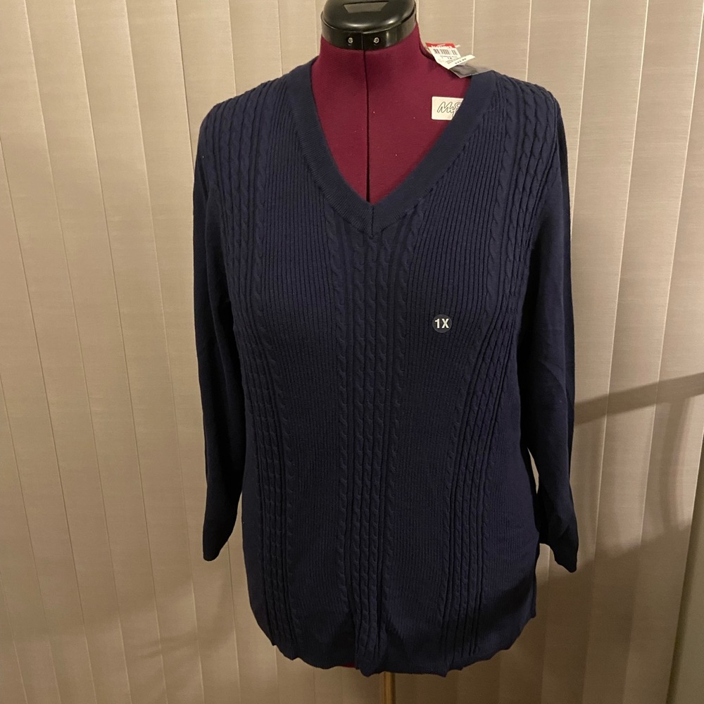 V neck 3/4” sleeve knit sweater. Blue size 1X